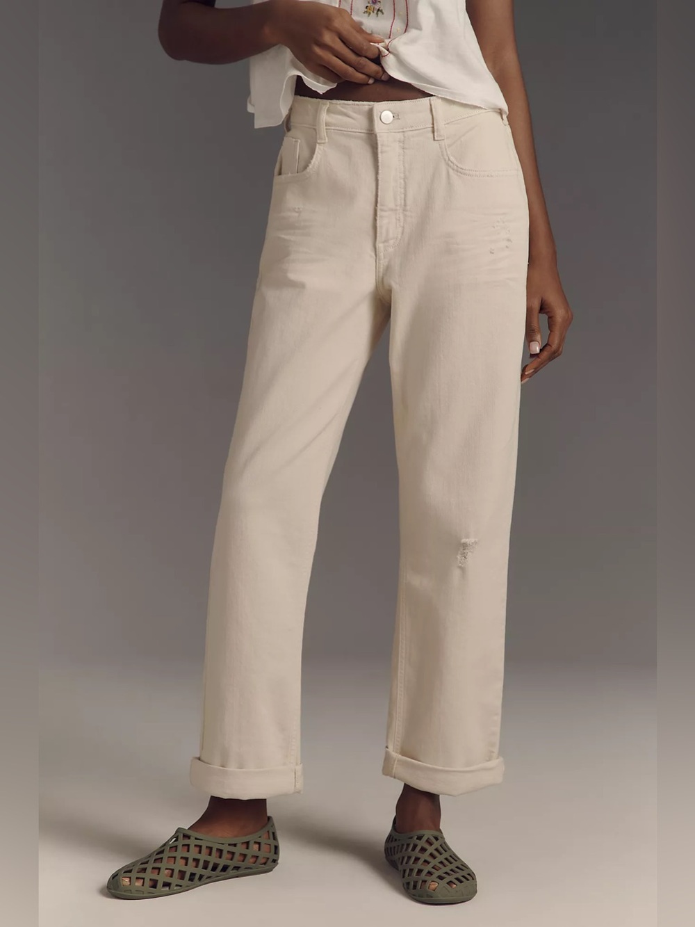 Anthropology Pilcro Baggy Boyfriend High-Rise Relaxed Jeans Cream Size 31 Petite